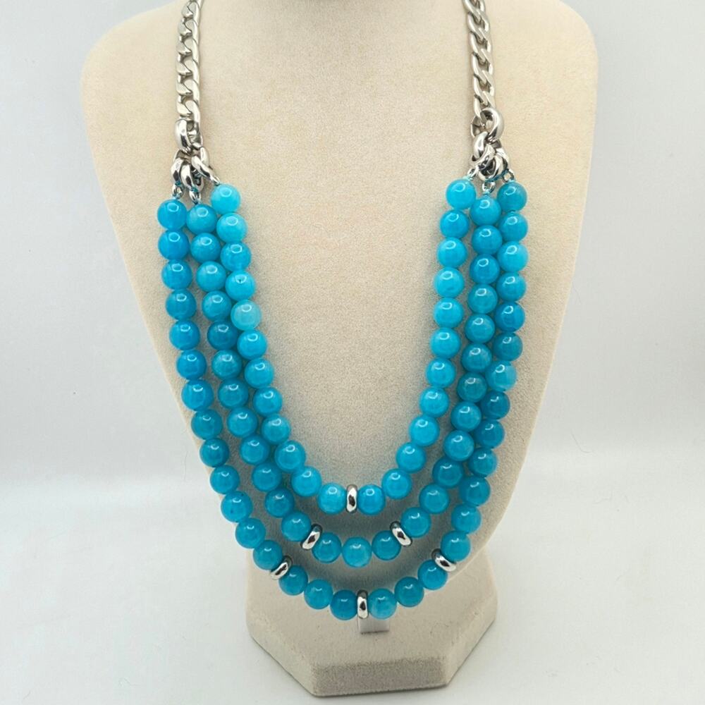 Fossil Triple Strand Turquois Blue Beaded Necklace - Silver Tone